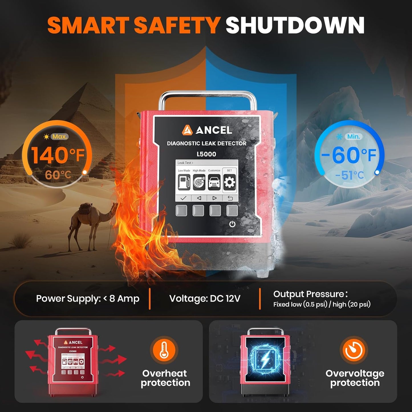 ANCEL L5000 Automotive Smoke Machine Leak Detector with Built-in Air Pump, Low/High Pressure Modes for EVAP Turbo & More, High-Precision LCD Screen, Adjustable Pressure Detects Micro to Major Leaks