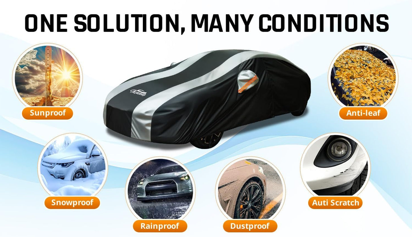 Small Car Cover Waterproof All Weather Protection with Silver Stripe Design,Universal Fit Nissan Versa, Hyundai Accent, Mazda MX-3 RX8, Subaru BRZ, Audi TT, Porsche 718 Boxster Cayman