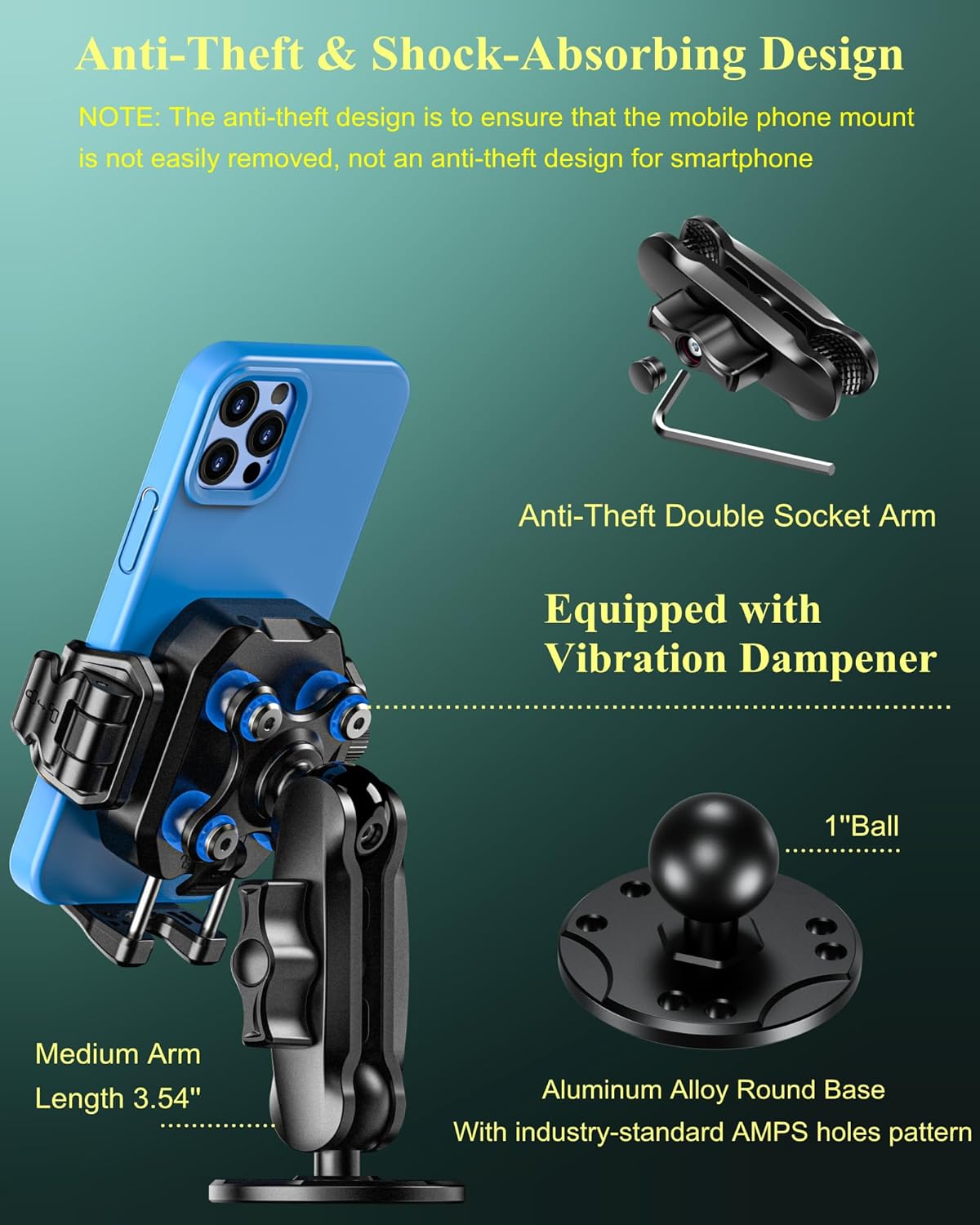 BRCOVAN Anti-Theft Phone Mount Holder with Vibration Dampener [Camera Friendly] [1s Lock & Release] with Aluminum Round Base & Medium Arm, for Car Boat Truck Motorcycle UTV, Fit 5.4-7.2'' Smartphones