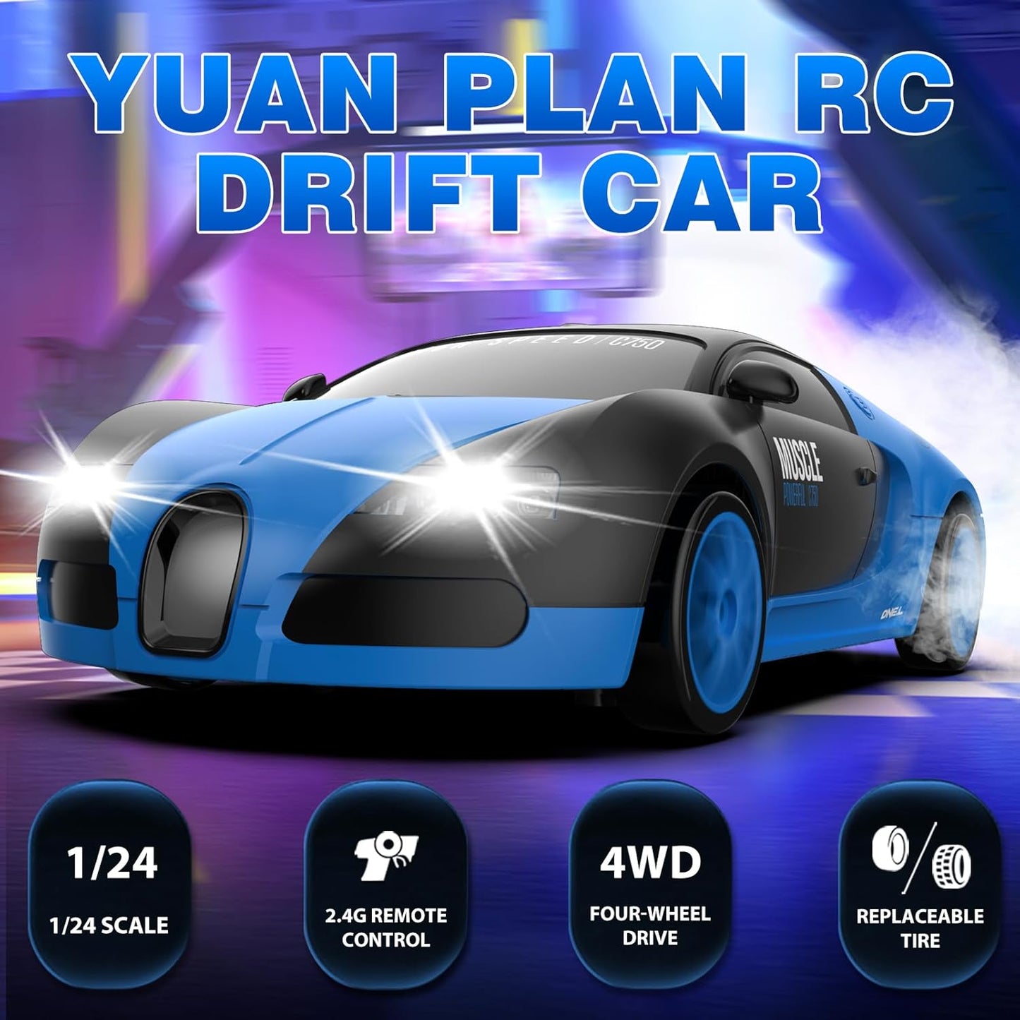 RC Drift Car, 1:24 4WD Drifting RC Cars 2.4GHz High Speed Remote Control Car with LED Light and Drift Tires Racing Toy Cars for Kids Boys Girls Adults, Blue