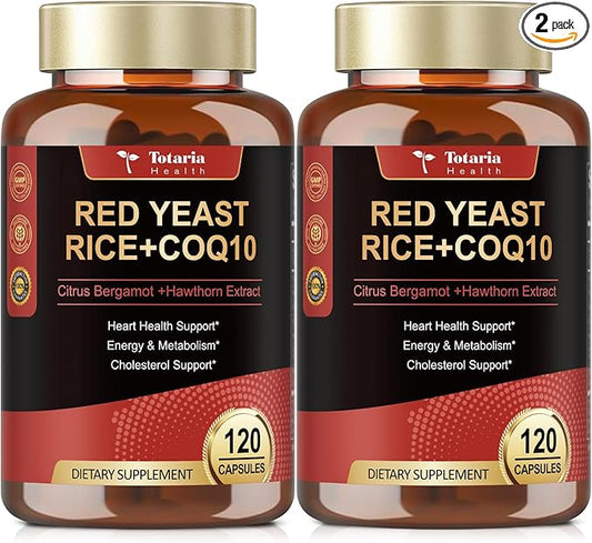 (2 Packs) Red Yeast Rice with CoQ10 Supplement - Citrinin-Free Red Yeast Rice 2,000 mg Capsules with CoQ10 100mg Plus Citrus Bergamot - Niacin-Free, Cholesterol & Energy Supplement 3rd-Party Tested