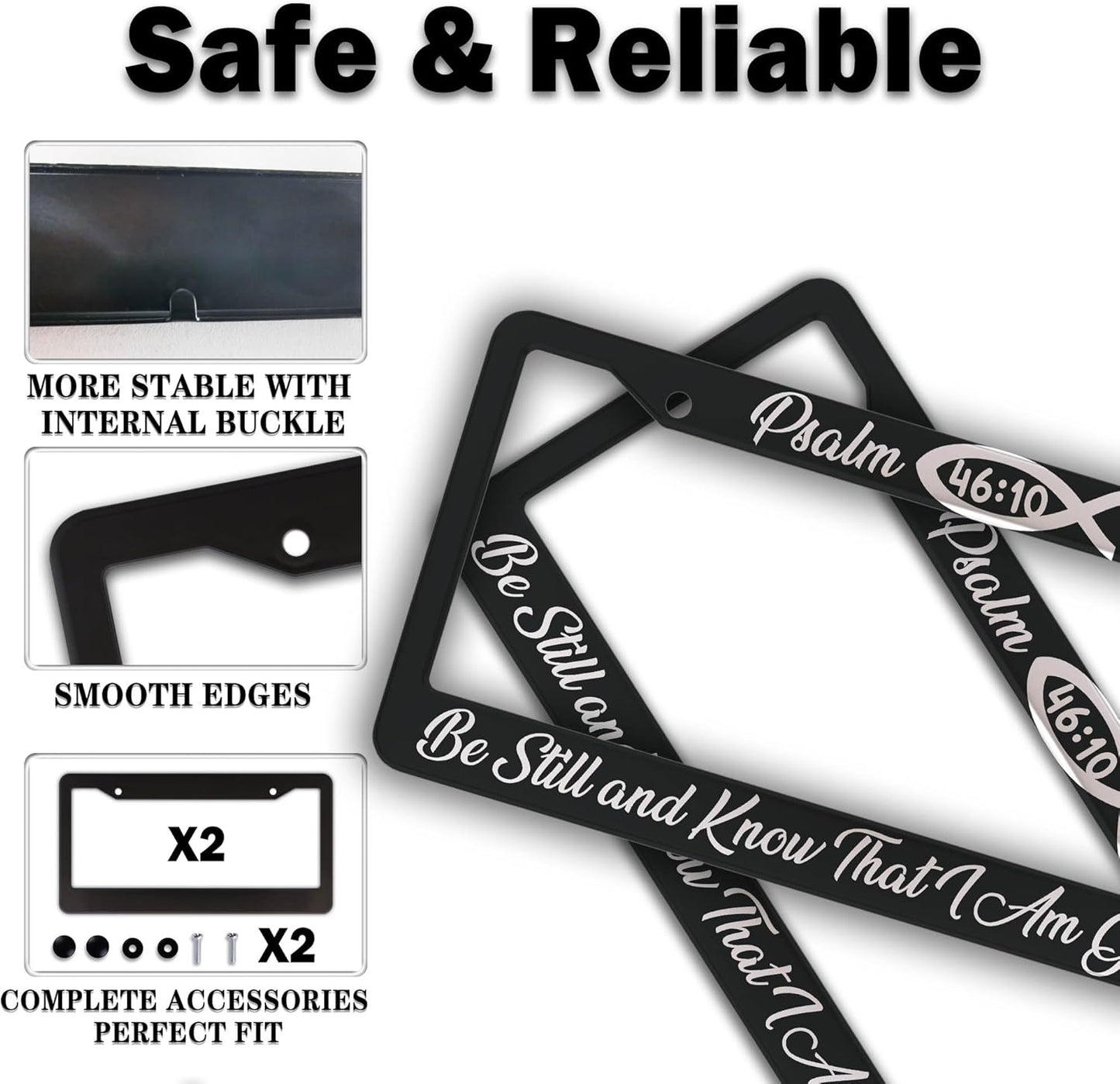 License Plate Frames Black and White License Plate Frame Psalm 46:10 Be Still and Know That I Am God Aluminum Metal Car Accessory 2 Pack with Screw Covers Set