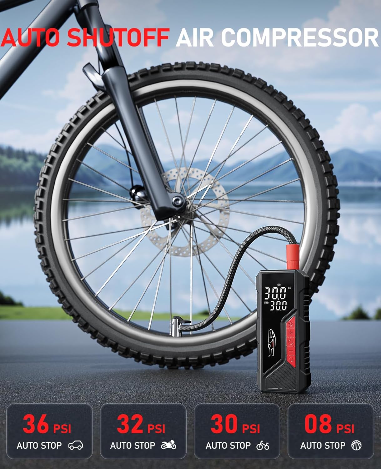 Tire Inflator Portable Air Compressor, Cordless Air Pump for Car Tire 150PSI, Battery & 12V DC, Electric Bike Pump with Pressure Gauge, Auto Shutoff, for Bicycle, Ball, Motorcycle Accessories