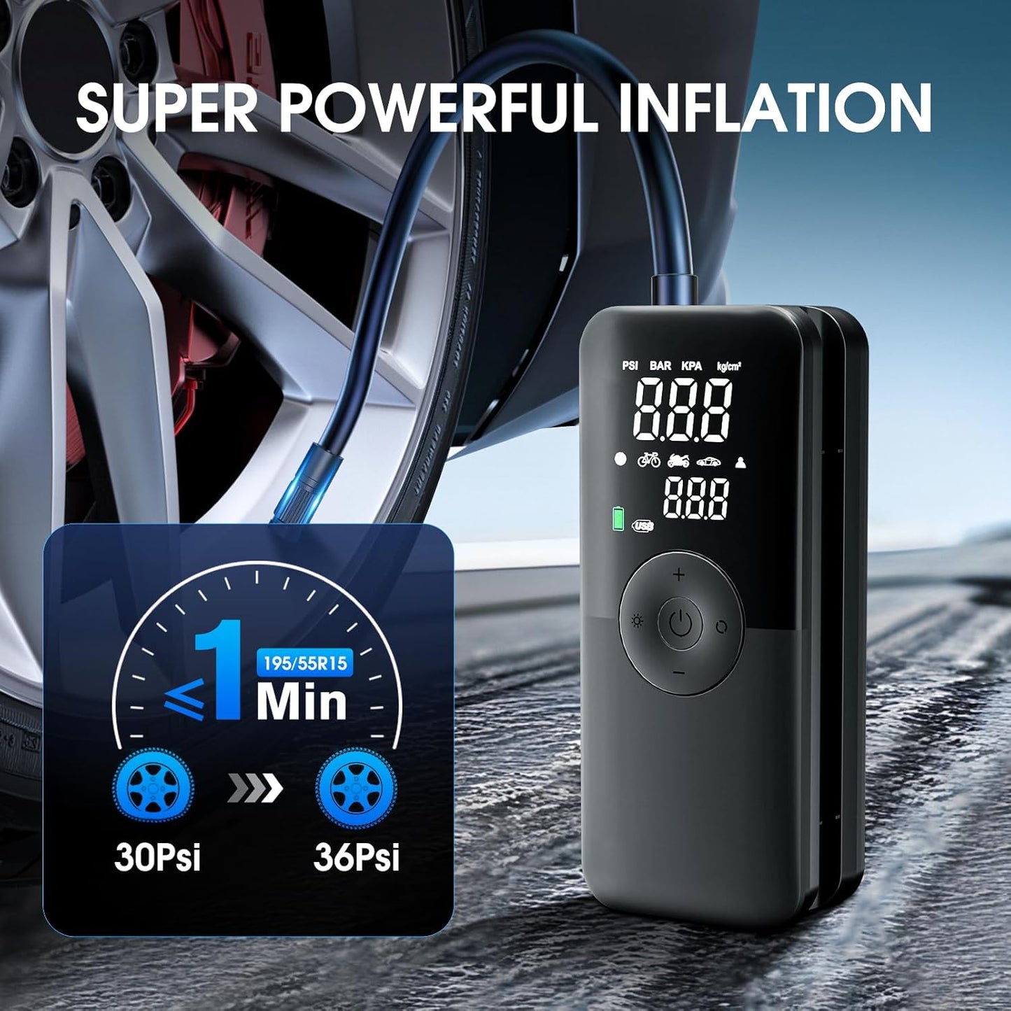 CARSUN Cordless Tire Inflator Portable Air Compressor,Car Tire Pump with Digital Dual Screen,150PSI Portable Air Pump for Car Tires with Deflation&Pressure Gauge,Suitable for Car,Motorcycles,Bicycles