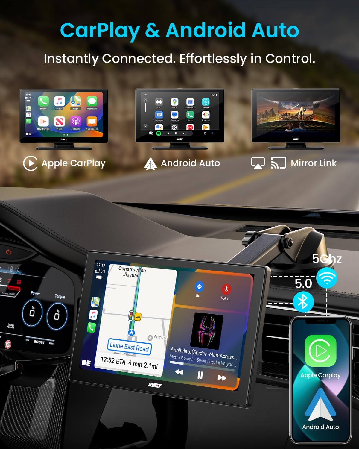 IK5 9" Wireless Apple CarPlay & Android Auto Screen, Portable Car Stereo with 4K Dash Cam & 1080p Backup Camera, Add CarPlay to Any Vehicle, Touchscreen, GPS, Mirror Link