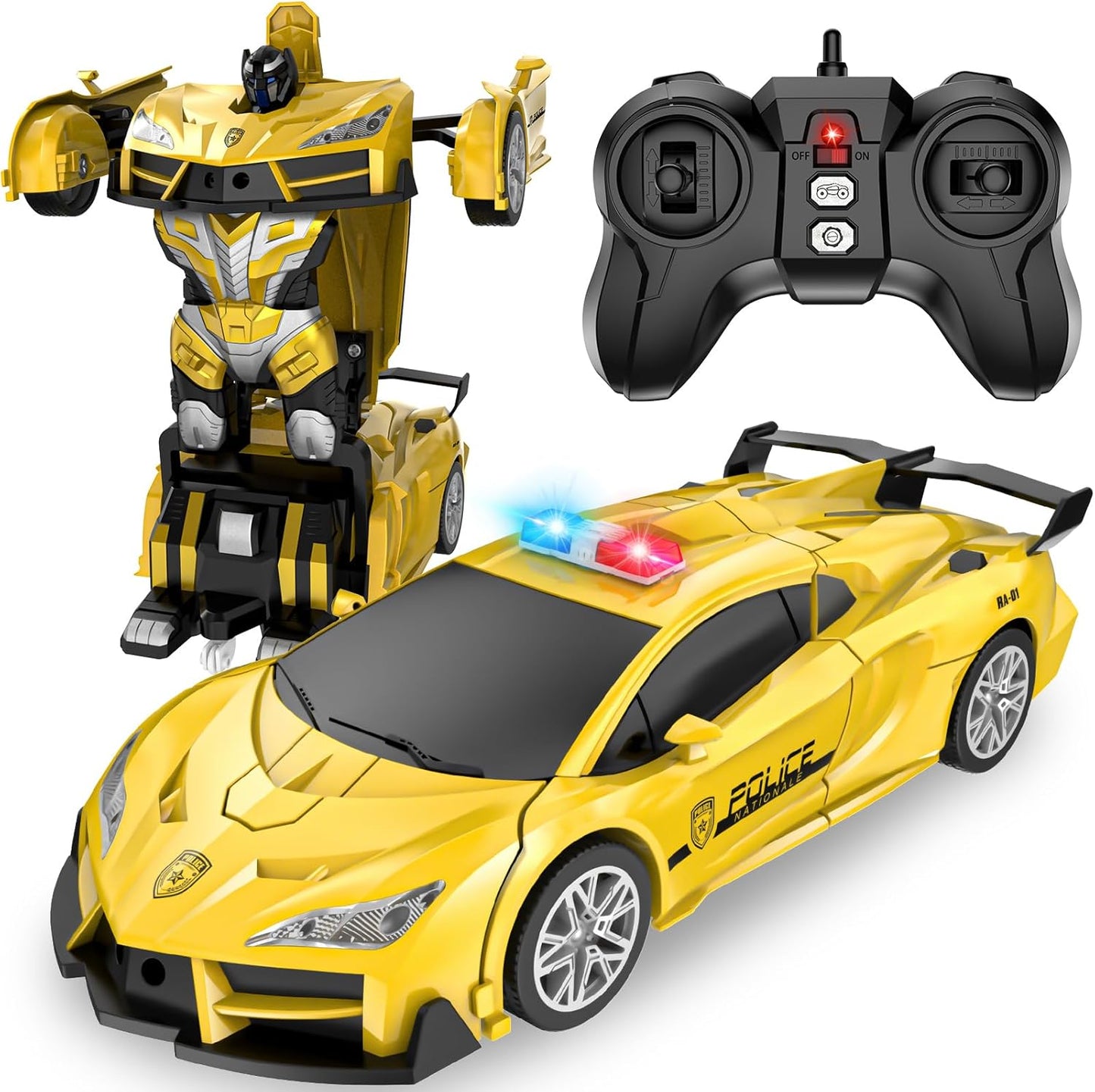Remote Control Car for Boys 4-7, 2.4GHz RC Car 1:18 Scale, One-Button Transforming Toy with 360° Spins, LED Lights（Yellow）