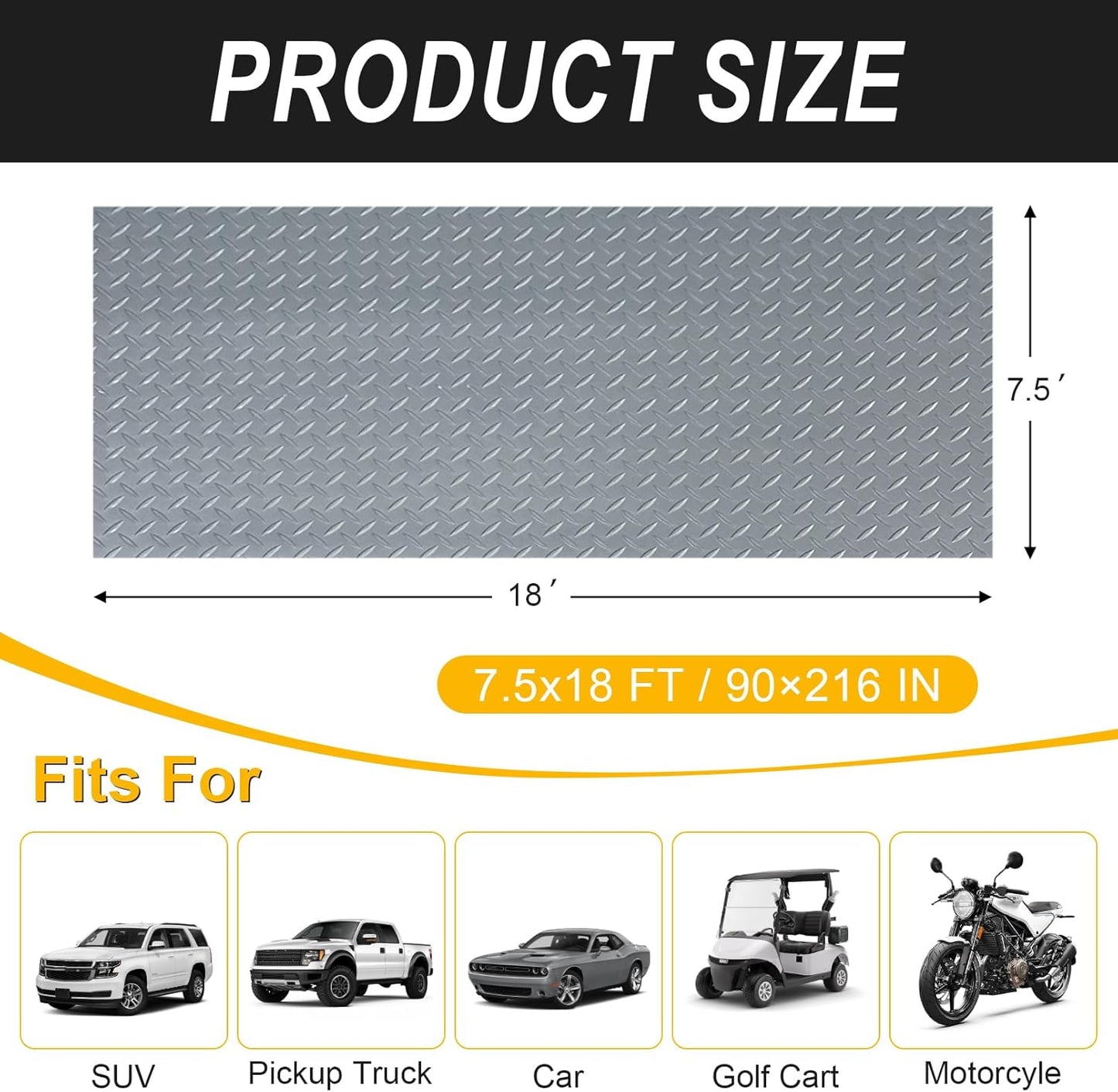 7.5x18 FT Garage Floor Mat, Flooring Roll with 20Pcs Tapes, 135 sqft Diamond Plate PVC Rubber Trailer Mat, Non-Slip Floor Mat for Garage, Warehouse, Gyms, Trailer, Pickup Truck (Grey)