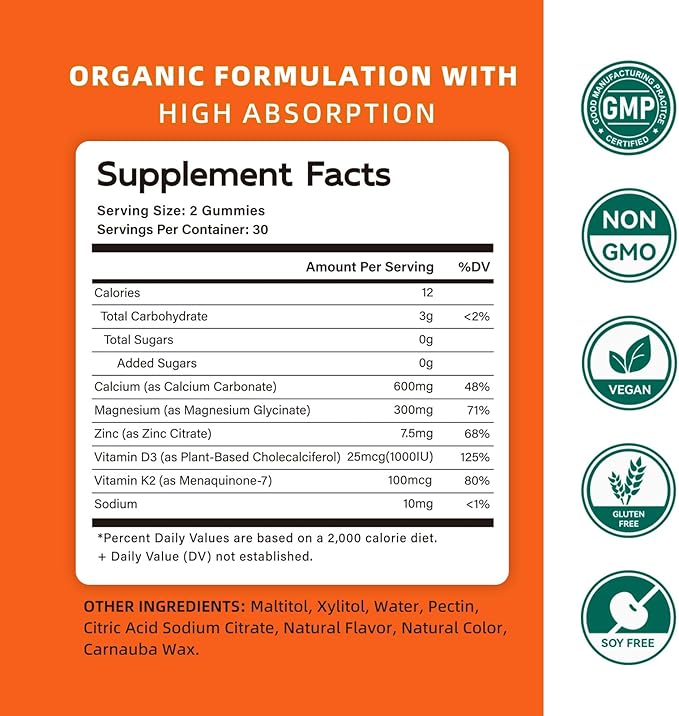 Calcium Magnesium Zinc Gummies with Vitamin D3 & K2 - High Potency Enhanced Absorption -120 Orange Gummies Flavored