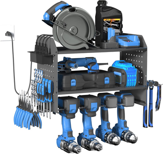 Power Tool Organizer Wall Mount – Adjustable Shelf, Side-Mounted 4-Outlet Charging Station | Heavy Duty Steel Drill Holder with Pegboards, Hooks & Drill Bit Rack for Garage & Workshop Storage