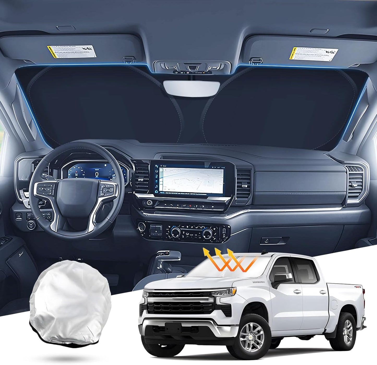 T TGBROS Windshield Sun Shade for 2019–2025 Chevrolet Silverado 1500 Front Window Sun Shade Reflective Foldable Sun Visor Custom Fit for Regular/Crew/Double Cab Blocks UV Rays & Keeps Vehicle Cool