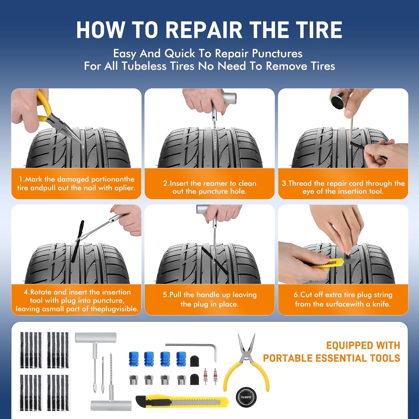 Tire Repair Kit,50PCS Tire Inflator Portable Air Compressor with 24000mwh Cordless Air Pump (150 PSI) for MPVs, Cars, E-Bikes and Motorcycles