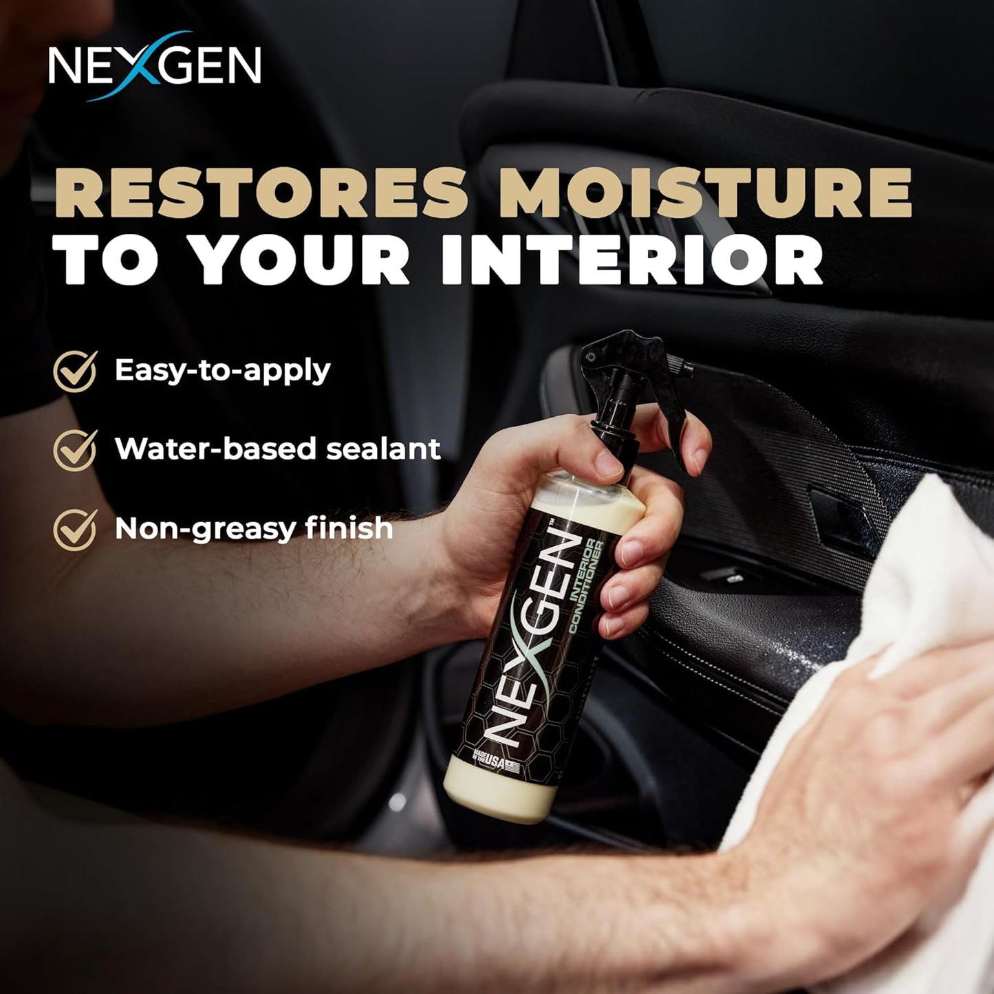 Nexgen Interior Conditioner (16oz) - Non-Greasy, UV-Blocking Formula - Fresh Leather Scent - On-The-Go Car Detailing - Car Cleaning Supplies - for Car Seats, Dashboards, Door Panels, & More