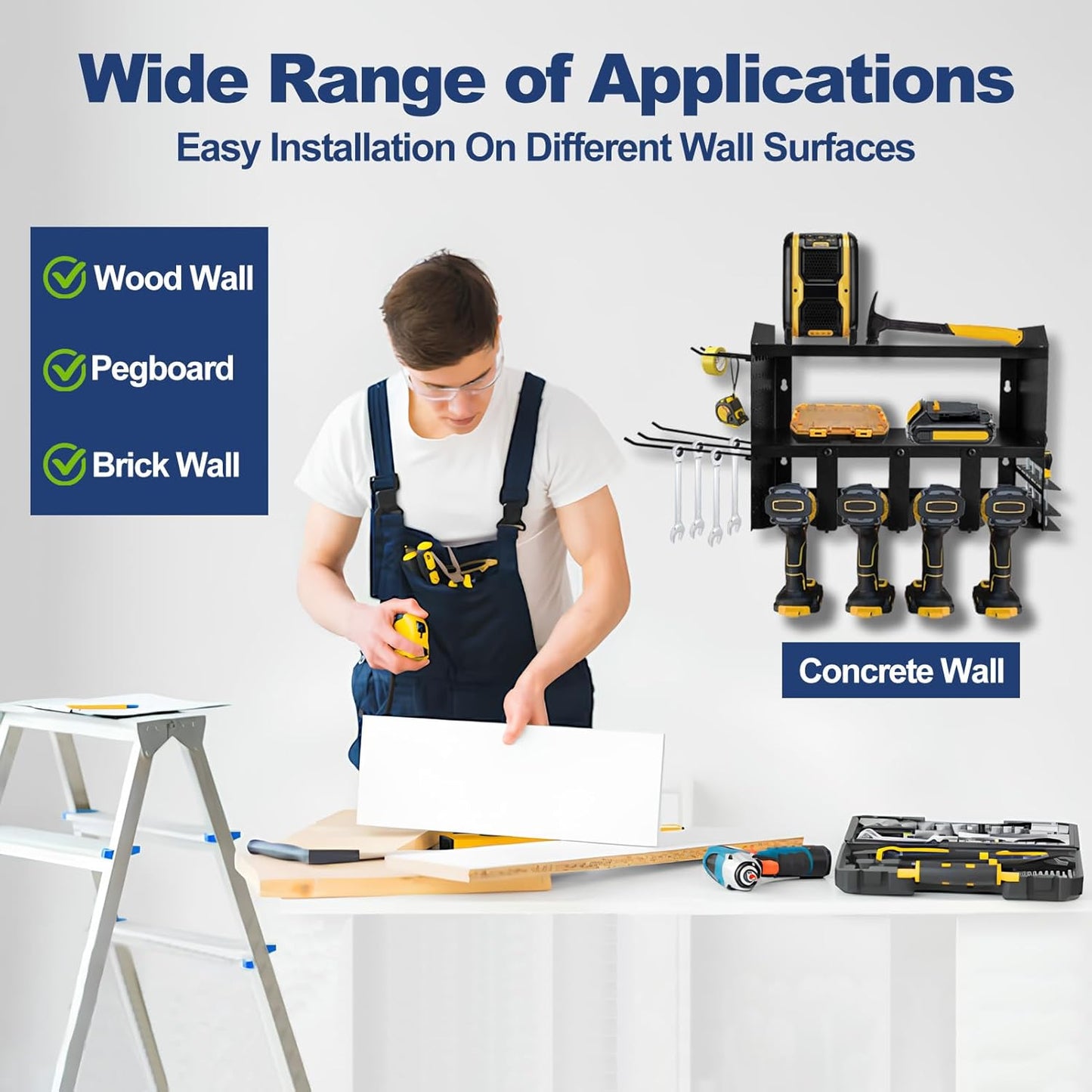 Heavy-Duty Power Tool Organizer Wall Mount, 3-Tier Drill Storage Rack with Dual Side Pegboards and 4 Hooks, Perfect for Garage, Workshop, Tool Room - Ideal Gift for Men, Black