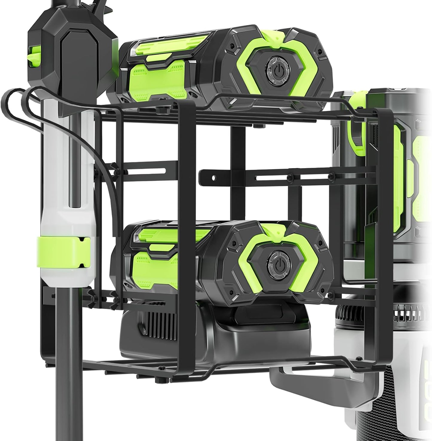 Pugala Universal Storage Rack for Leaf Blower, Weed Eater, and Power Tools – Adjustable Wall Mount Organizer with Heavy-Duty Steel, Powder-Coated Finish, and Battery Storage – Black