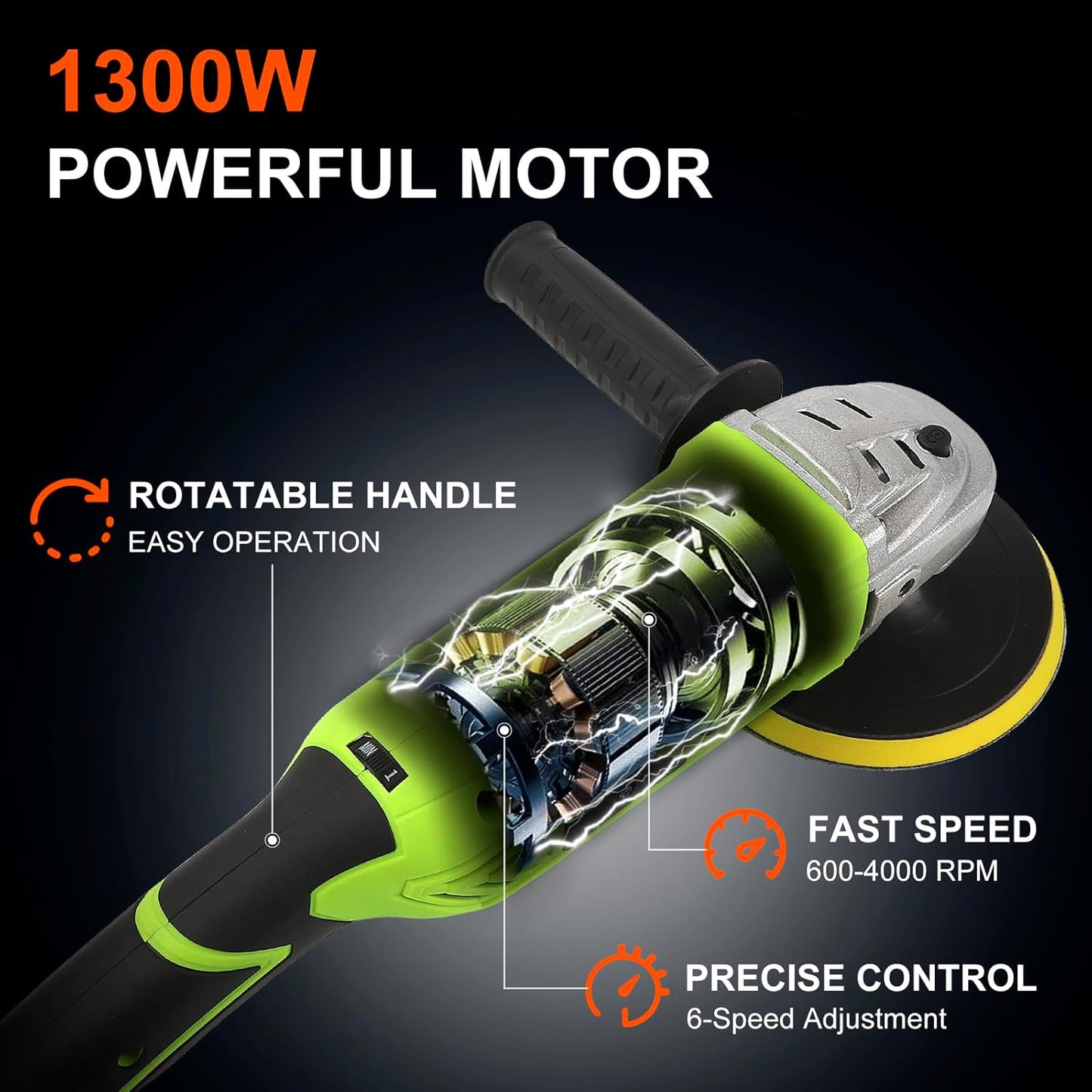 COMOWARE 1300W Professional Car Buffer Polisher - 6-Speed Adj. (600-4000 RPM) with 7"/6" Backing Plates, Auto Detailing Tool for Sanding/Waxing/Polishing by Professionals