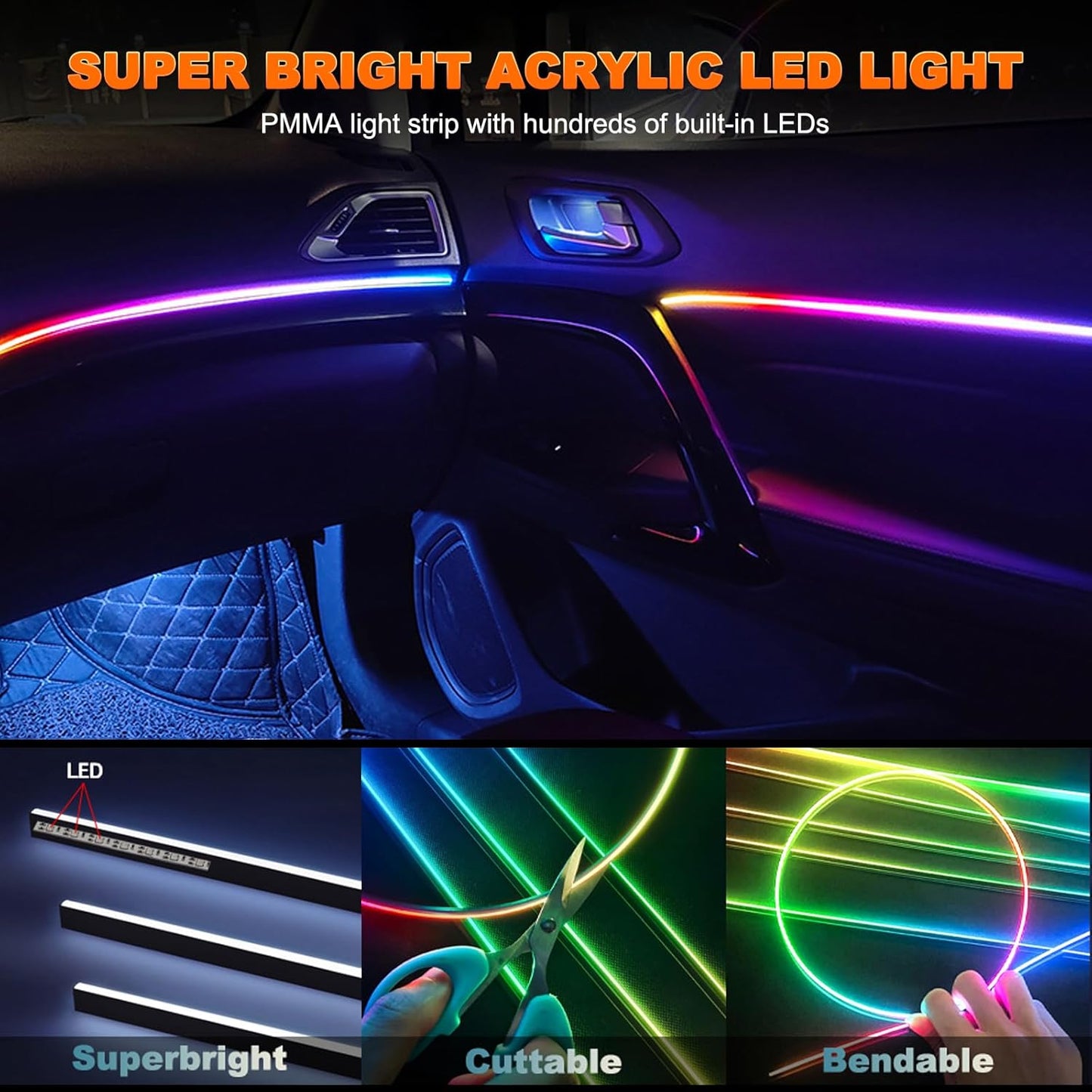 Car LED Strip Lights, Interior Acrylic LED Lights for Car with Dynamic Rainbow Dream Color Chasing, Car Ambient Lighting Kits, Music Sync (8 in 1(6 * 29.5+43.3+14.5 inches))