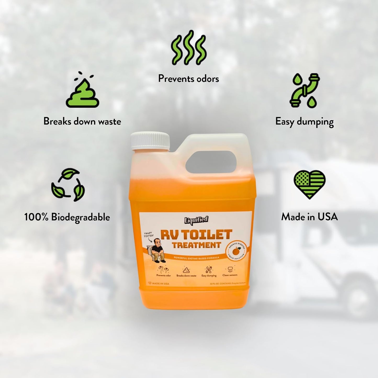 Liquified RV Toilet Treatment - Orange Scent, 32oz Standard Pour Bottle - Holding Tank Waste Digester & Odor Eliminator, Septic Safe, Biodegradable - Made in USA