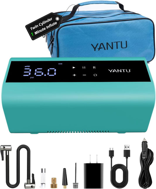 YANTU Cordless Tire Inflator with Dual-Cylinder & 8.3" Large Screen-Portable Air Compressor for Car Tires,12V Rechargeable,Tire Pressure Gauge,Up to 150 psi, Auto/Bicycle/Moto/Truck Use