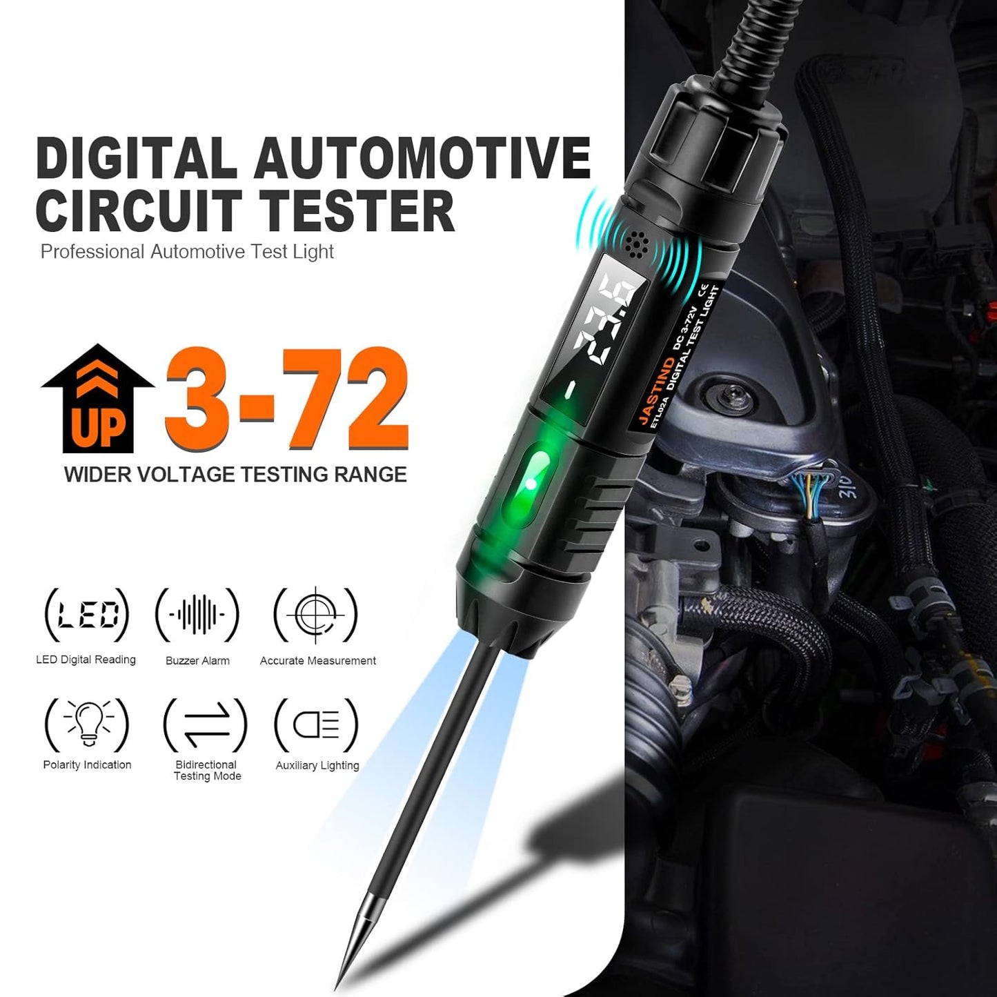 Heavy Duty 3-72V Digital LED Automotive Test Light, Circuit Tester with Polarity Indicate and Illuminating Lights, Car Truck Low DC Voltage Light Tester with Stainless Probe & 142 Inch Extended Wire