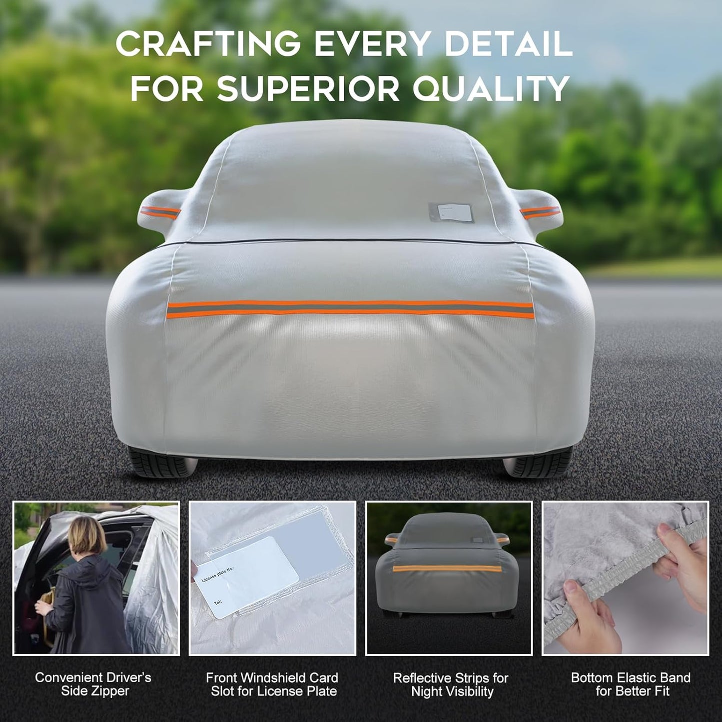 Waterproof SUV Car Cover: 6-Layer Protection from Rain, Snow, UV & Dust - Universal Fit up to 201 inches with Zipper Door & Windproof Straps for Outdoor, Garage, Travel Use, Silver