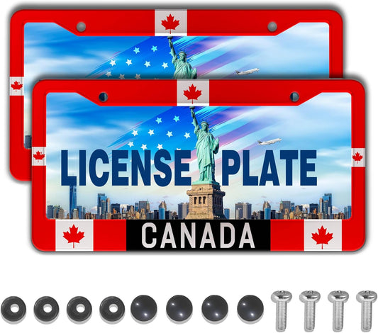 License Plate Covers Red, Black, White License Plate Frames Canada Flag Universal Aluminum Car Accessory 2 Pack with Screw Covers Set