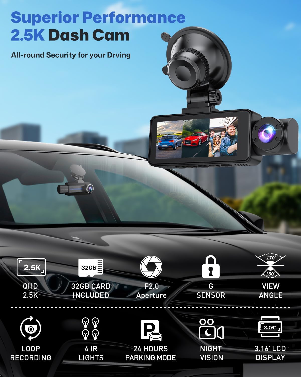 Dash Cam Front and Rear 2.5K/1440P, 3 Channel Dash Camera for Cars Dash Cam Front Rear and Inside with 32GB Card, 3.16" IPS Screen, G-Sensor, Loop Recording, Night Vision, Parking Mode