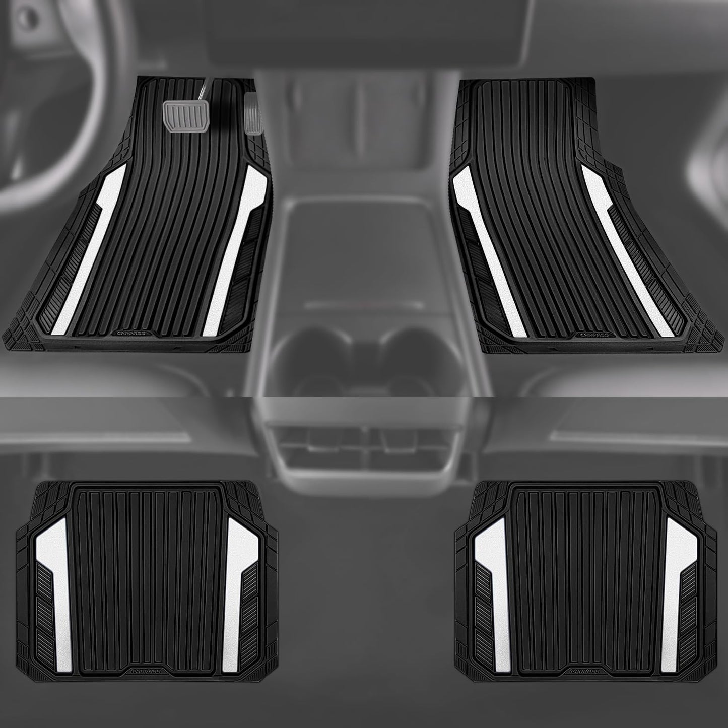 CAR PASS Heavy Duty Rubber Car Mats Metallic,Aluminum Film All Weather Floor Mats Waterproof Universal Trim to Fit SUVs Sedans Vans 4 Piece Anodized Deep Dish Two-Tone Sporty Black White Chrome