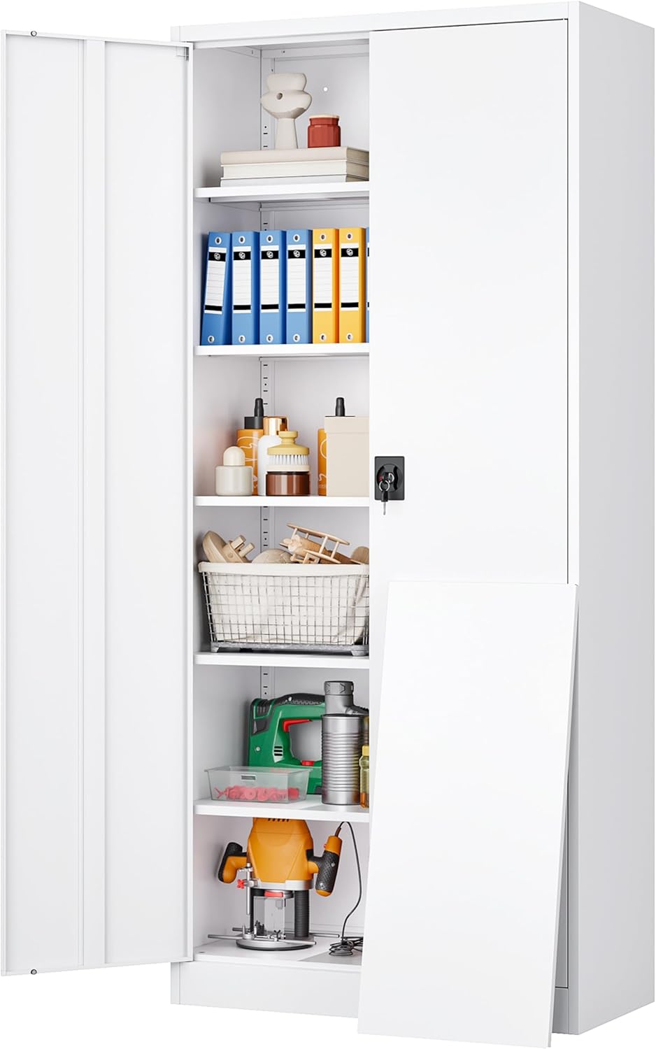 Wide & Deep Metal Storage Storage Cabinet with 5 Adjustable Shelves,White Metal Cabinet with Lock,Steel Pantry Cabinets,72" Lockable Cabinets for Home,Office,Garage,Kitchen,Shop