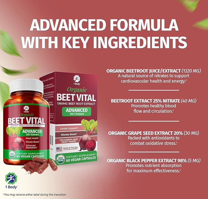 1 Body Beet Vital, Organic Beet Root Supplements for Circulation, Energy, & Stamina, Nitric Oxide Booster Beets Supplements with 1360mg Beetroot Extract, Vegan, Non-GMO, 60 Beetroot Capsules