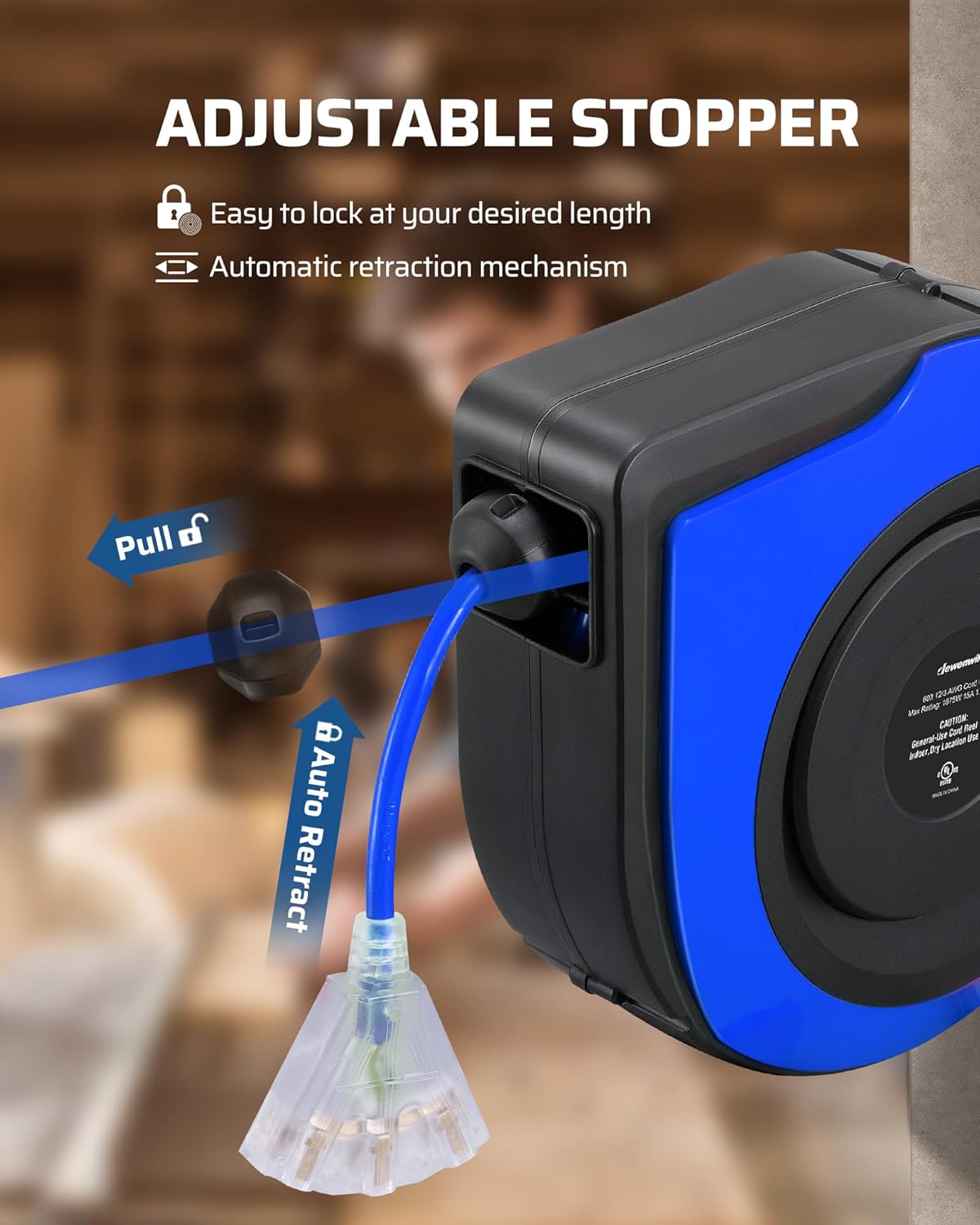 DEWENWILS Retractable Extension Cord Reel, 75 FT Heavy Duty Power Cord, 14/3C SJTOW Retractable Cord Reel, Lighted Triple Outlets, 10A Circuit Breaker, Wall/Ceiling Mount, UL Listed, Blue