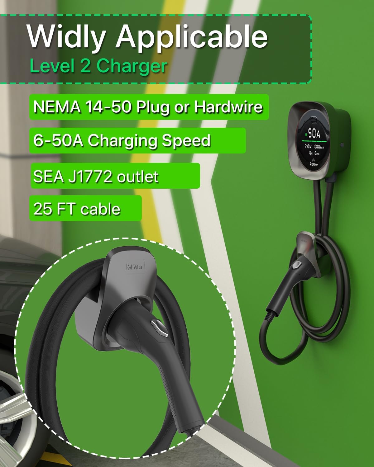 Level 2 EV Charger 50 Amps Smart Motion Sensor Screen Electric Car Charger for Home with WiFi, RFID, 240V, NEMA 14-50 Plug or Hardwire, 25FT Cable APP Controlled Vehicle Chargers for All EVs