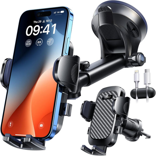 [True Military-Grade & 360 Degrees Rotatable Suction] 2025 YRU Ultimate Car Phone Holder Mount 【90+LBS Safest Strongest & Patent Certs】Dashboard Windshield Vent for iPhone 16 15 Pro Max Samsung, Black