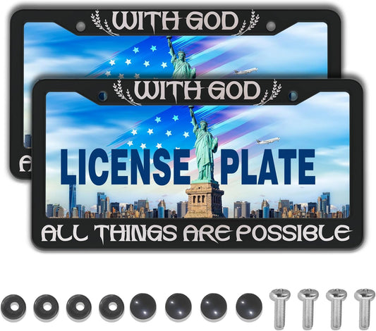 License Plate Frame Black and White Front License Plate Bracket with God All Things are Possible Universal Aluminum Car Accessory 2 Pack with Screw Covers Set