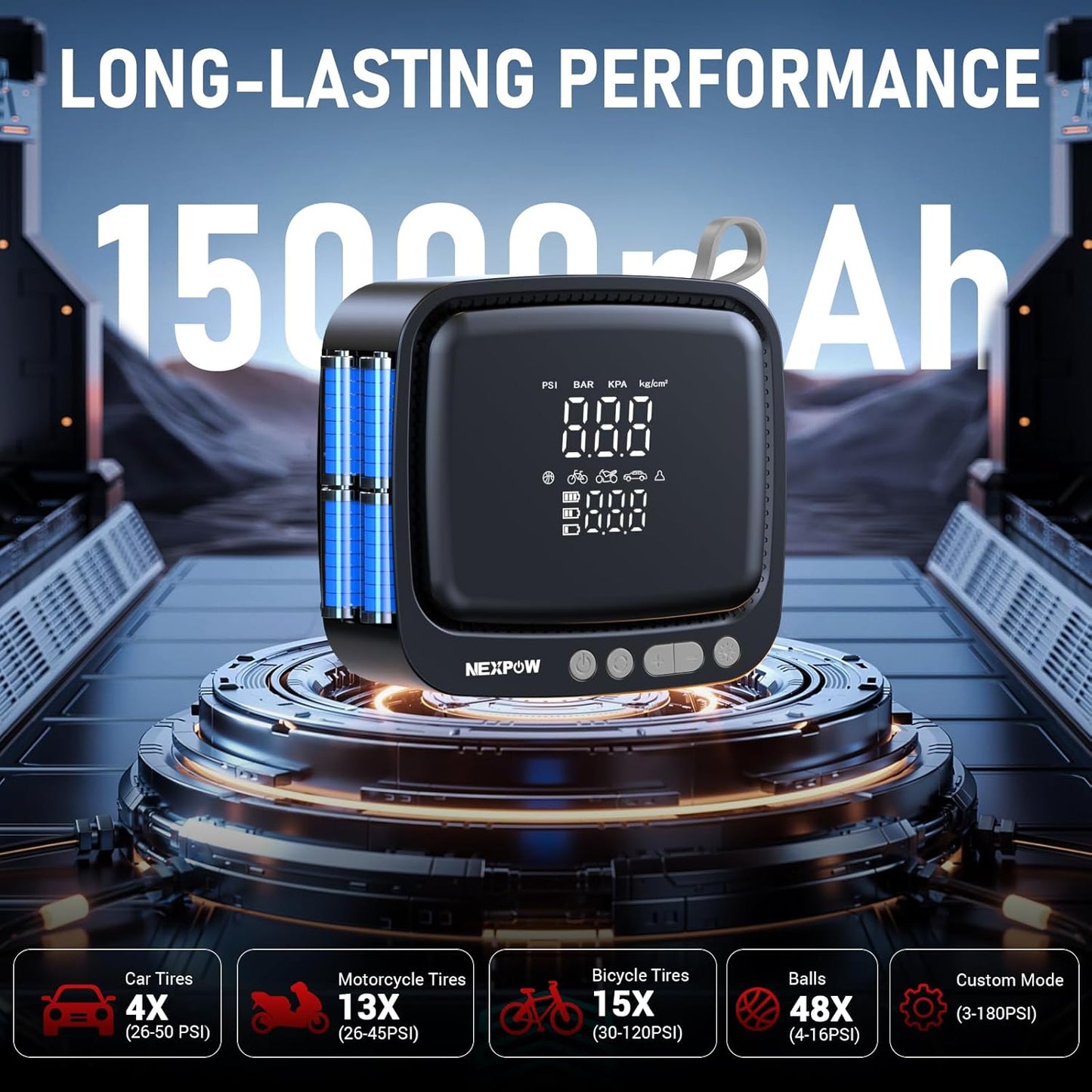 NEXPOW Tire Inflator Portable Air Compressor, 180 PSI Cordless Air Pump for Car Tires with Digital Pressure Gauge & Auto Shut-Off, Air Compressor Portable for Car, Motorcycle, Bicycle, Ball, Gray