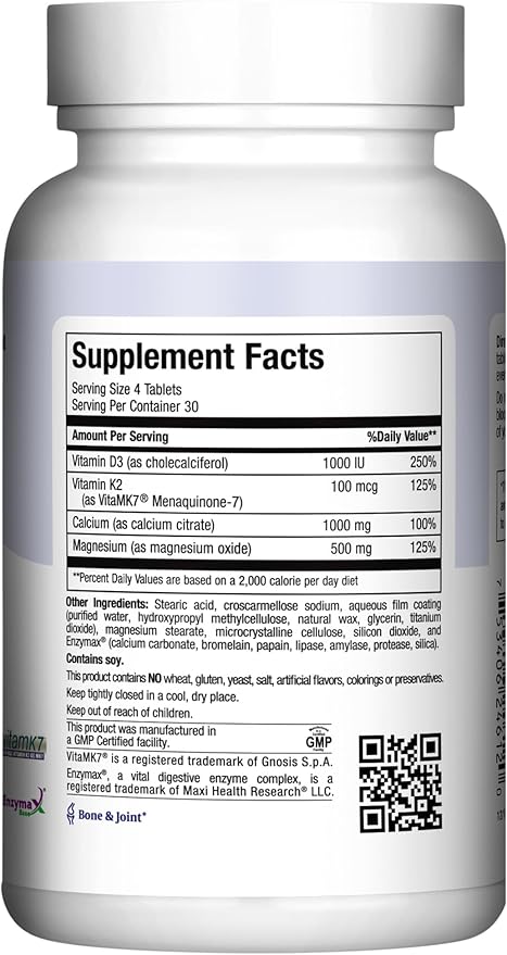4-in-1 Calcium 1000mg with Vitamin D3 - Calcium Supplement for Women and Men with Vitamin K2 D3 1000 IU - Extra Strength Calcium Citrate for Bone and Heart Support (120ct)