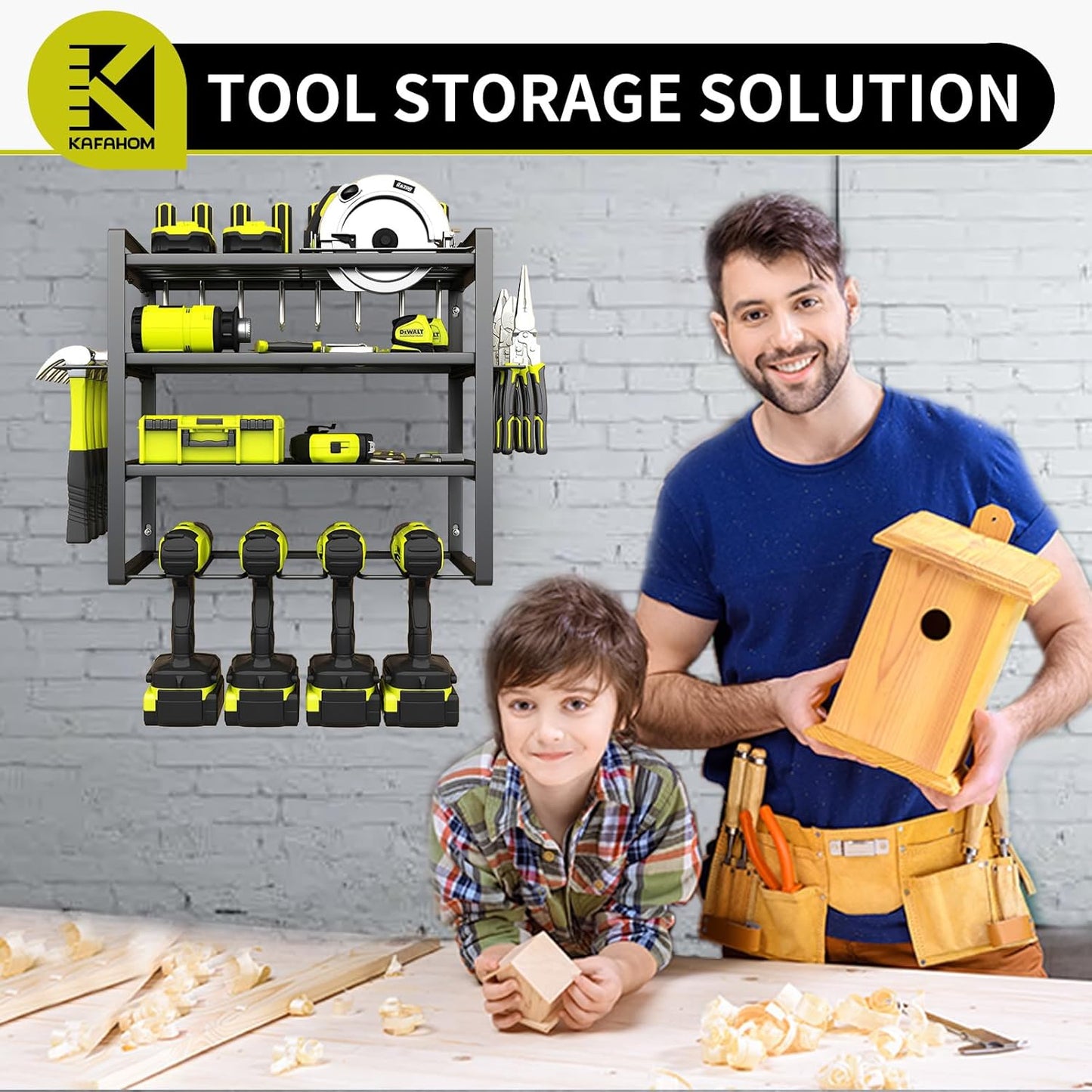 KAFAHOM Power Tool Organizer,4 Layer Drill Holders Wall Mount,Heavy Duty Metal Organizers and Storage Rack for Garage Organization,Tools Shelves with Screwdriver Plier/Hammer Holder, Black