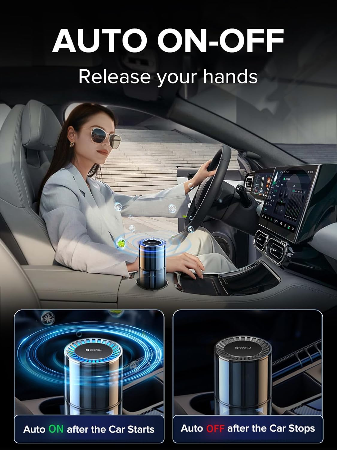 Ceeniu Smart Car Air Freshener, New Car Smell, Larger 135ml Capacity, Long-Lasting 6-Month Fragrance, Auto On/Off, Quiet Operation, Stylish Ambient Light, Premium Scent for Men, CF3 Pro Diffuser