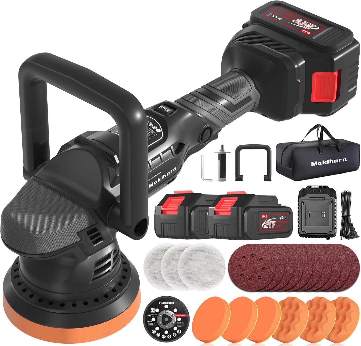 Cordless Buffer Polisher, 5 Inch Random Orbital Car Polisher Waxer, 6 Variable Speed 1000-5200 RPM, 21V 3.0Ah Batteries , 28Pcs Polishing Kit,for Car Polishing, Waxing, Boat Sanding, Scratch Removing
