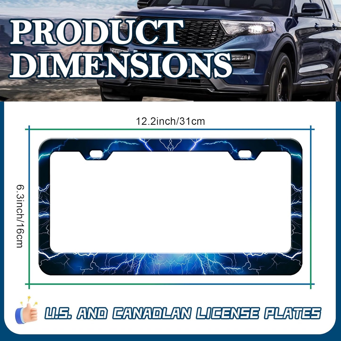 Blue Lightning License Plate Frames - 2 Pack Blue Thunder Stainless Steel License Plate Holder,Rust-Proof Waterproof Car Decorative Tag Frame with Screws Fasteners Caps