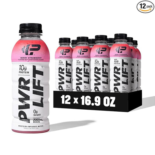 Whey Protein Water Sports Drink by PWR LIFT | Berry Strawberry | Keto, Vitamin B, Electrolytes, Zero Sugar, 10g of Protein | Post-Workout Energy Beverage | 16.9 Fl Oz (Pack of 12)