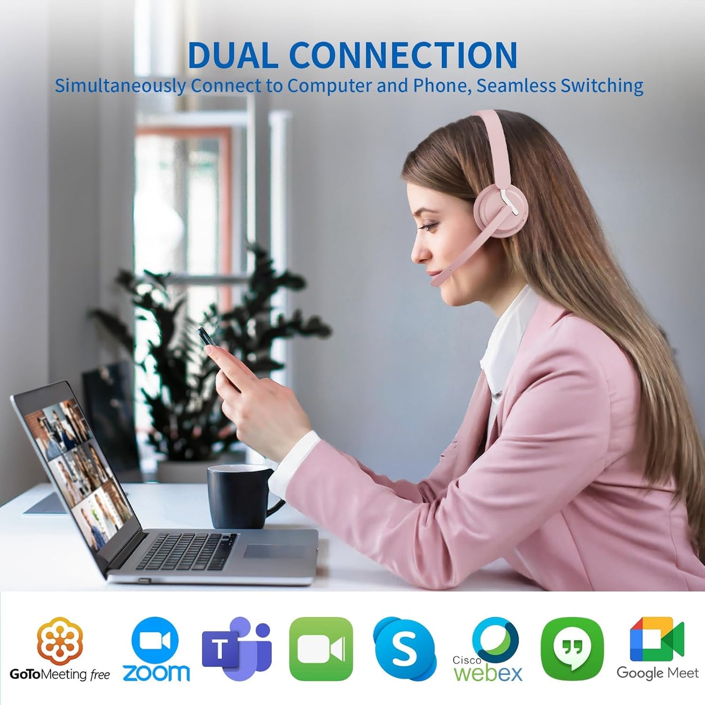 Wireless Headset with Mic, 2.4GHz Bluetooth Headset with AI Noise Cancelling Microphone & Charging Base, Wireless Headphones with USB Dongle for PC (Pink, L)