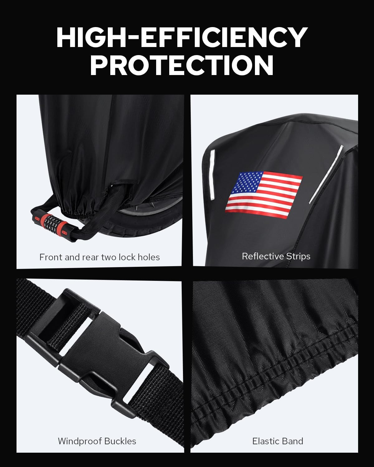 Benlari Motorcycle Cover Waterproof Outdoor, Heavy Duty Motorcycle Cover, Universal All Season Protection Night Reflective with Lock-Holes American Flag Fits up to 104" Motorcycles Vehicle Cover