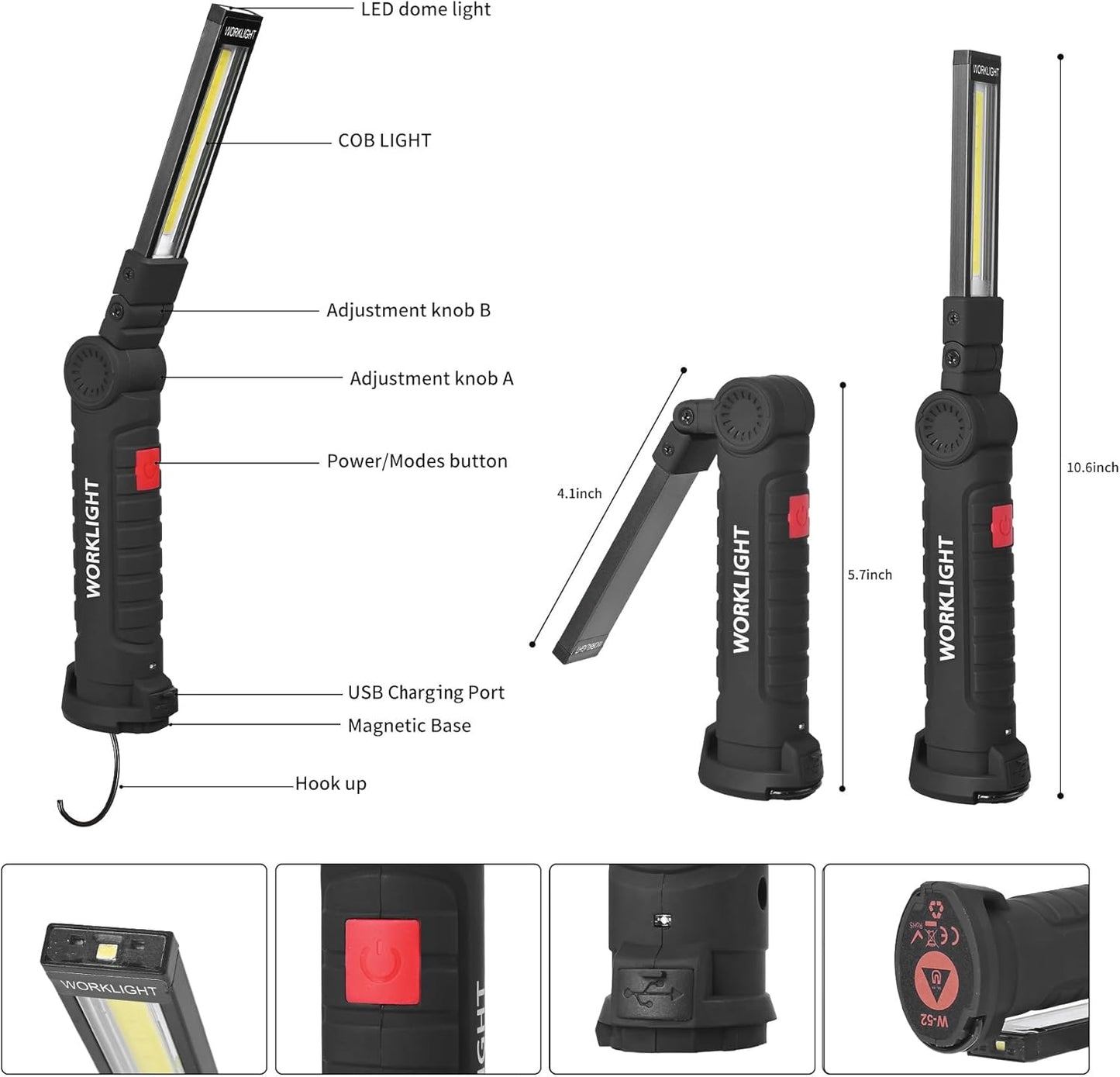 Suranew LED Worklight Flashlight, COB Rechargeable Work Lights with Magnetic Base 360 Degree Rotate and 5 Modes Portable Flood Light Inspection Construction Light for Car Repair (Black Green, 2 Pack)