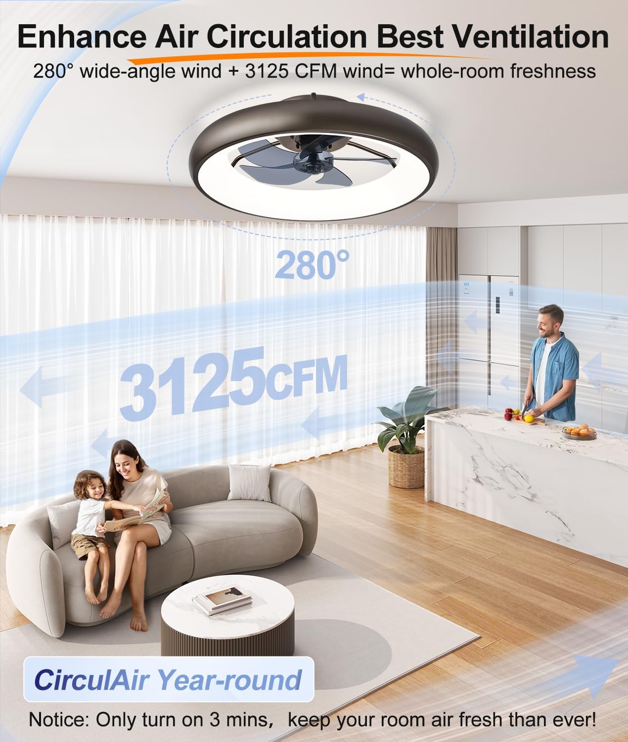 Ultra Low Profile Ceiling Fans with Lights and Remote Ultra Quiet 25 dB, 21" Modern Flush Mount LED Ceiling Fan Fandelier Ceiling Fan for Bedroom