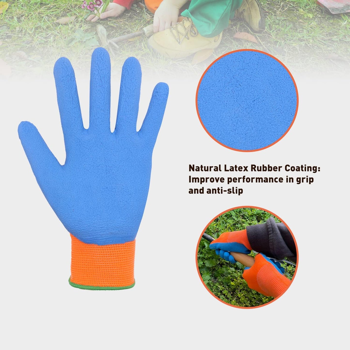 HANDLANDY 3 Pairs Kids Gardening Gloves Latex Free, Nitrile Coated Children Toddler Garden Yard Work Gloves for Little Girls Boys (Size S, Black-Orange)