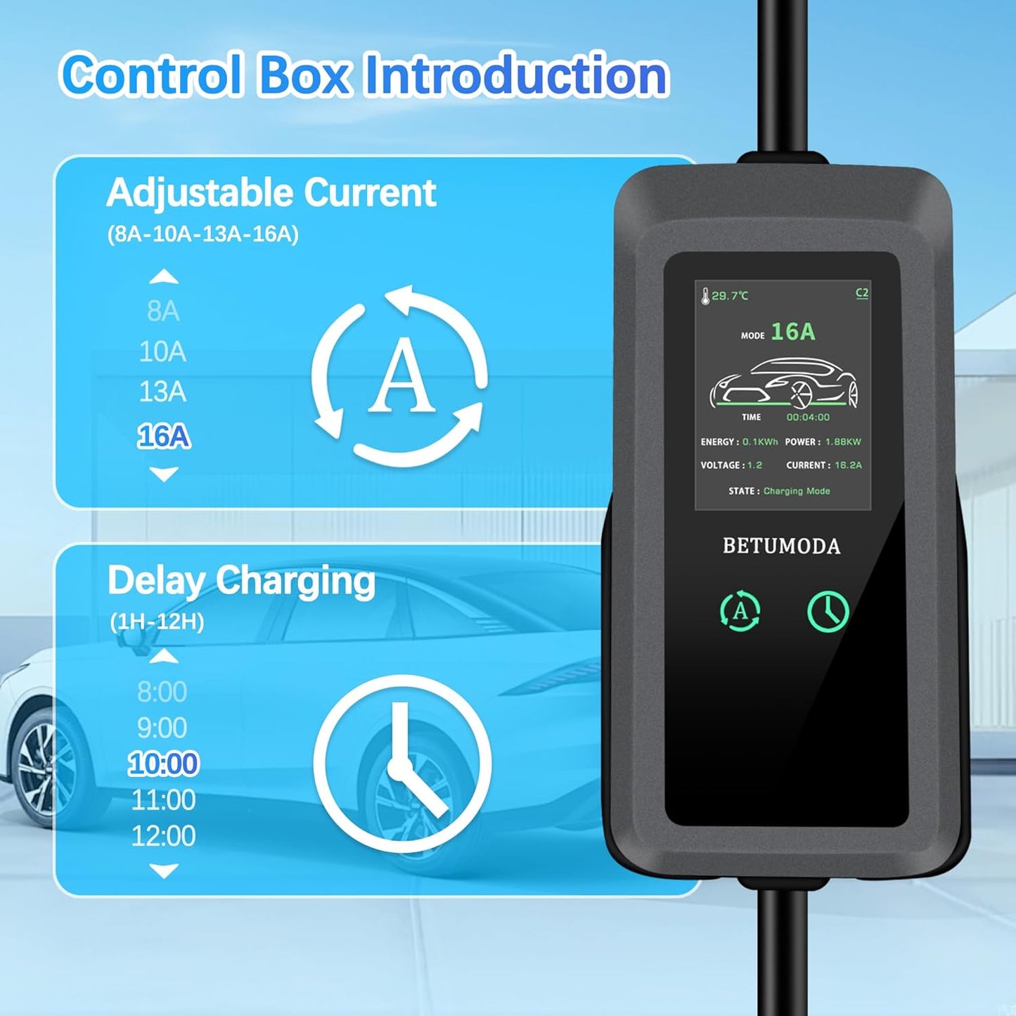 Portable Level 1&2 EV Charger, 16Amp Adjustable Current, Wallbox for Home/Travel, 110V/240V, NEMA 5-15&6-20 Plugs, 24.99FT Cable, Compatible with J1772 Electric Cars, Tesla Needs Adapter