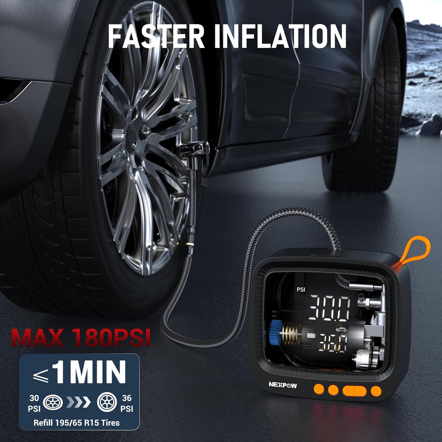 NEXPOW Tire Inflator Portable Air Compressor, 180 PSI Cordless Air Pump for Car Tires with Digital Pressure Gauge & Auto Shut-Off, Air Compressor Portable for Car, Motorcycle, Bicycle, Ball, Orange