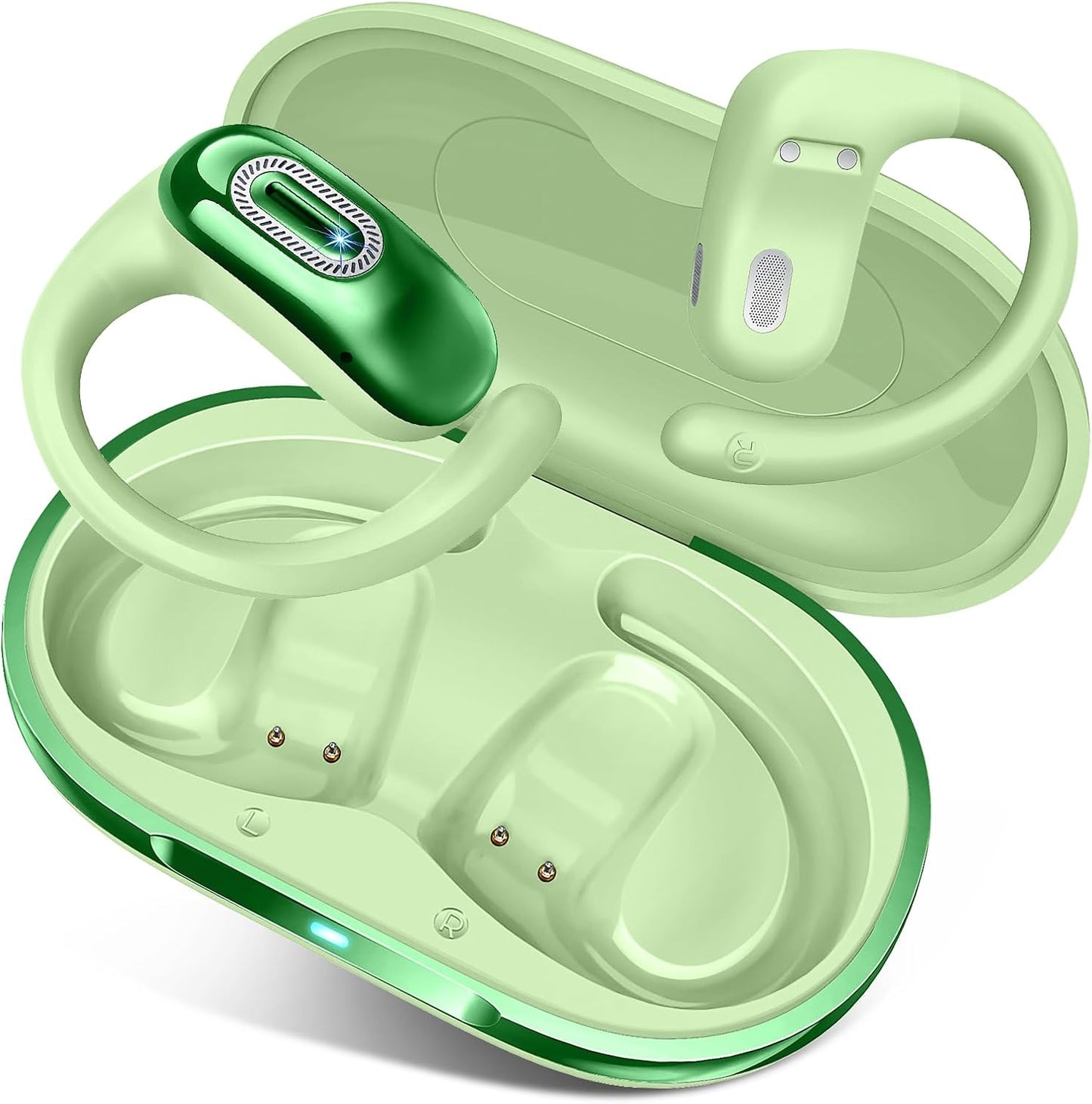 Open Ear Headphones, Bluetooth 5.4 Earbuds, 50H, Air Conduction Ear Buds, HD Stereo Bass Over Ear Earphones with Earhooks, Ultra-Comfort Secure Fit, IPX7 Waterproof Headset for Working Sports, Green