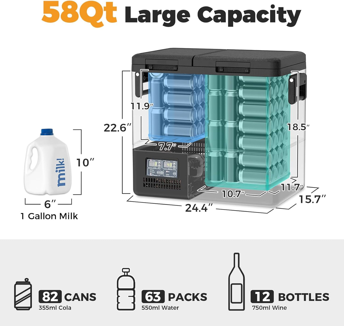 Setpower PT55 Car Refrigerator With AC Adapter,Dual Zone Portable Freezer Fridge Electric Cooler,55L Portable Car Fridge,12 Volt Refrigerator for Car Camping, RV, Truck,Vehicles,Travel,3-YEAR Warranty