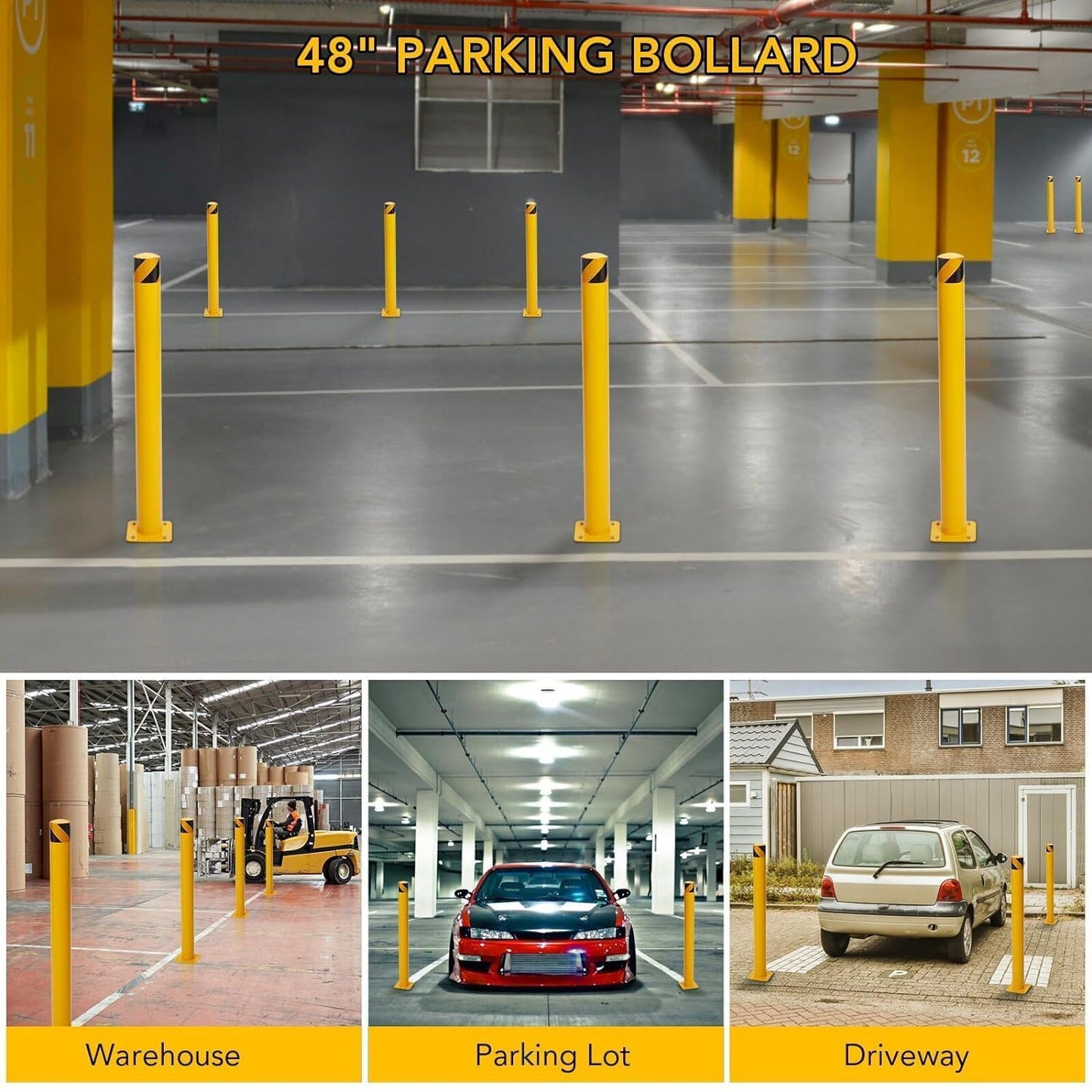 6Pcs Heavy Duty Safety Bollards, 48" Height, 4.5" Diameter Steel Pipe Bollard Post with 24 Anchor Bolts, High-Visibility Yellow Parking Bollard for Traffic Control, Warehouses, & Pedestrian Safety